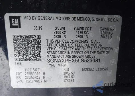 2020 Chevrolet Equinox Fwd Premier 2.0L Turbo z USA, uszkodzony, nr VIN 3GNAXPEX5LS523081